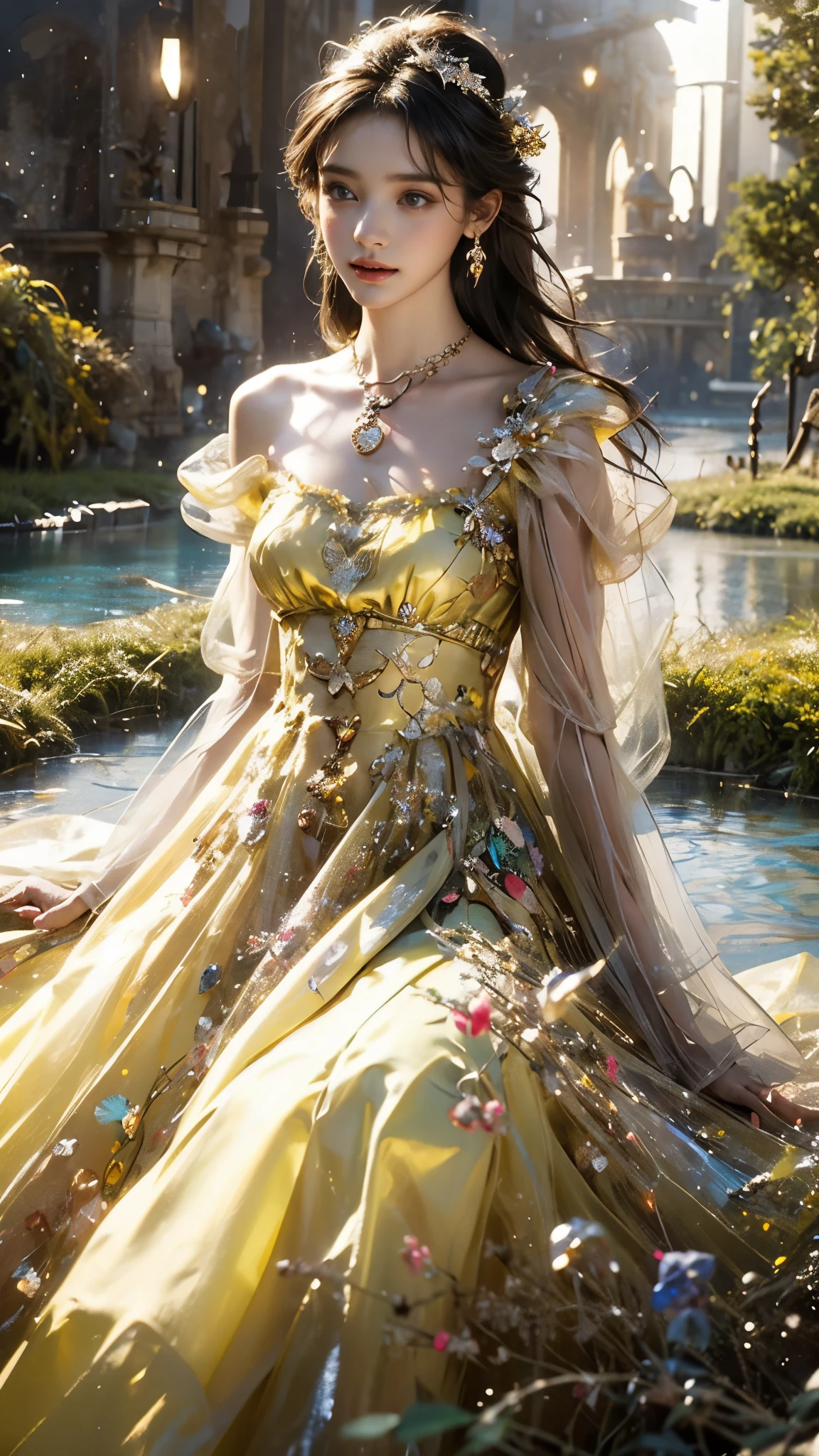 8K, ultra hd, masterpiece, 1 girl, (good face:1.4), detailed eyes, very long hair, impressive hairstyle, earings, necklace, small breasts, (yellow dress:1.5), see-through, (fantasy dress:1.5) Light-colored foundation brings out the transparency of the skin, (in the wonderland:1.5), mystery, diwali lights, glowing lights, very decoration, The lights falls like water, perfect front body, sitting,