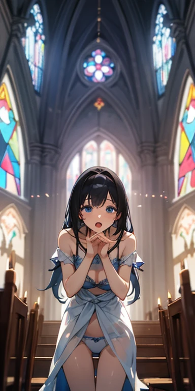((highest quality)), ((masterpiece)), (be familiar with), High resolution candlelit、In a dimly lit cathedral with huge stained glass windows、With both hands on the pulpit、leaning forward、Support the body、Misaligned white bra、She was wearing only white 、black haired、stunned look、had blue eyes、Beautiful girl in her late teens、hopen mouth、small face、raised nipples、Eleagina、Skin covereilky white fluids、bust 86(D cup)cm、Waist 57cm、Hips 82cm、perfect hands、perfect fingers、