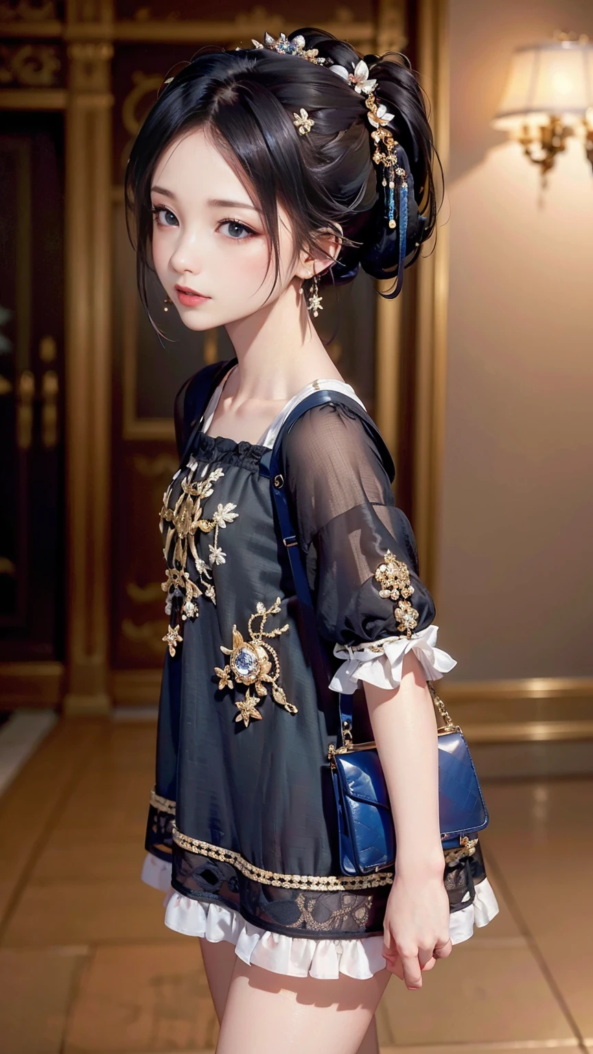 最high quality, 8K, masterpiece: 1.3, Ultra HD, high quality, 最high quality, High resolution, realism)) 、slender、slenderだがアスリートのような細マッチョ、I don't want my head to disappear from the screen.、Wear accessories on your wrist、Wearing red nail polish、I have a peticure、aerial perspective((atmospheric perspective))、smile((smiley))、background blur((depth of field)、Knit dress((knit dress))wear、Wear stiletto heels、have a clutch bag、crystal earrings((crystal earrings))、Hair behind ears((hair behind ear))、chest pocket、In a high-end brand store、Split Ponytail((split ponytail))