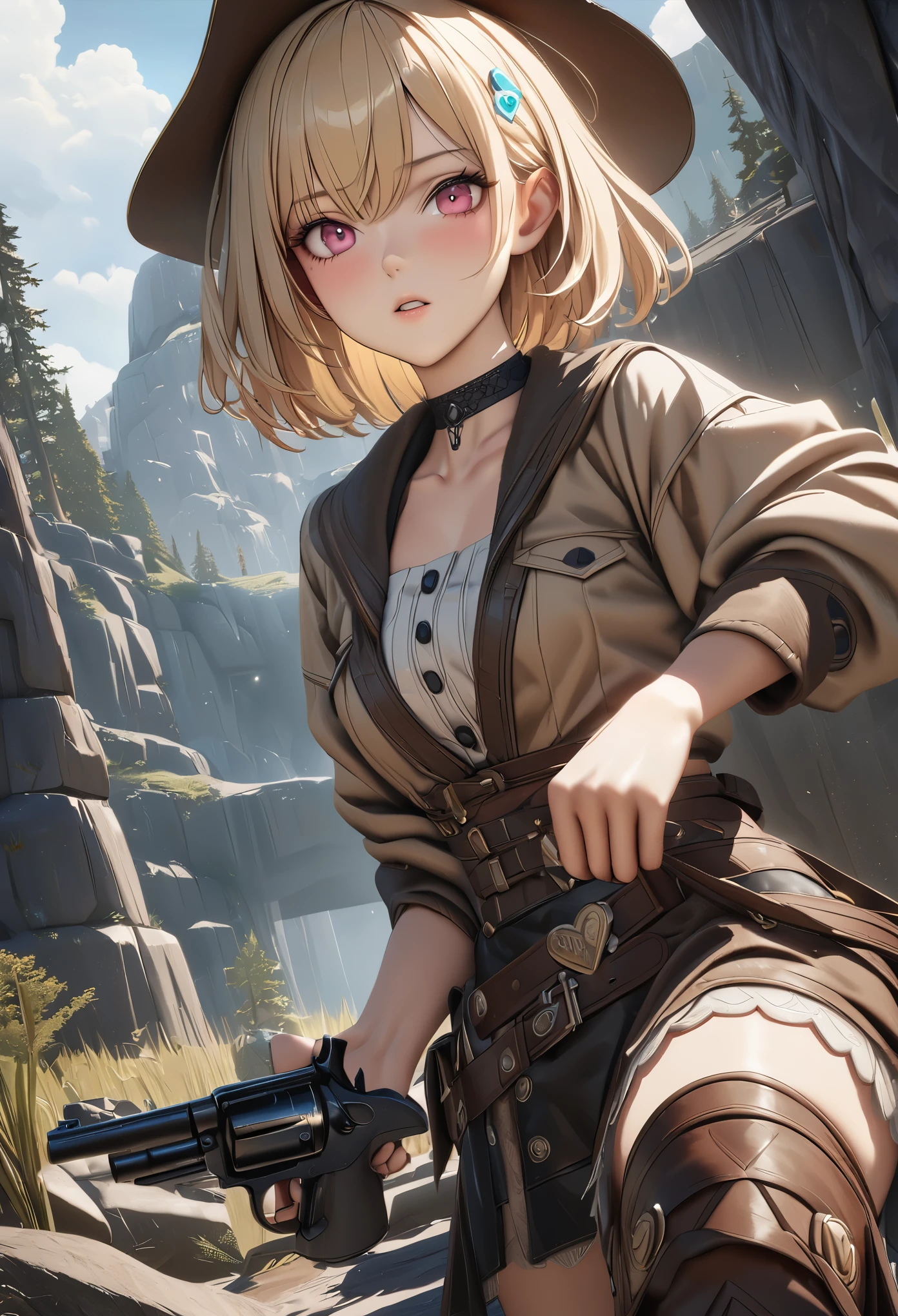 masterpiece,highest quality, Super detailed, High resolution, expensive resolution, HDR, 4k, 8K, unity 8k wallpaper, Super detailed CG, masterpiece, realistic, 2D, 3D, beautiful details, depth, fine texture , super fine: 1.3, Fully focused, Crispy.skin, .he,
Very cute anime girl 、Desolate wilderness、cowboy styleの衣装、cowboy hat、cowboy boots、hand gun、mexican wilderness、duel、hand gunを持って立っている、blonde short hair wearing expensive , one girl、alone, blonde short hair, cowboy style、cowboy hat、hand gun、duel、cowboy bootole under the eye, looking at the viewer , expensive , blush, mole, parted lips, hair ornaments, heart, pink eyes, choker