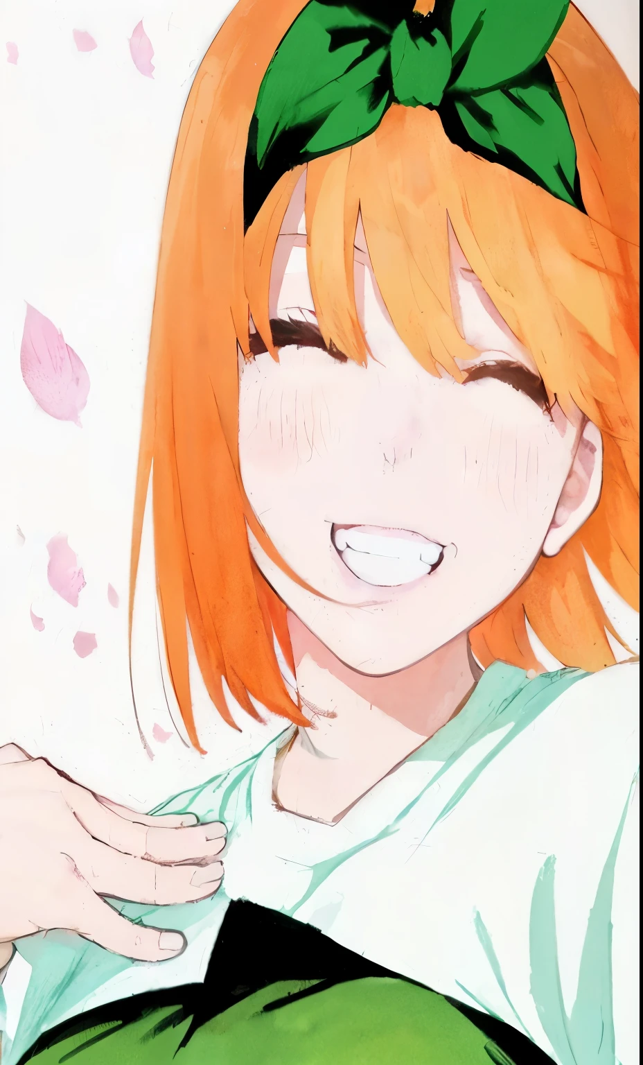 Yotsuba Nakano smiling, laughter, cute expression, closed my eyes, 4k, masterpiece, Petals around, cute like a dream、with paddle, (​masterpiece、highest quality、highest quality、watercolor painting(curly)、official art、beautiful beautiful:1.2)、(beautiful girl:1.3)、hair spreads all over, HD detailed, Super detailed, wonderful, colorful, magical photo shoot, intricate details, (1 girl, alone, alone), software, Nakano_yotsuba, aayotsuba, 五等分の花嫁よりNakano四葉, closed my eyes, green hair ribbon, laughter happily, clear line drawing, Defined line drawing, Defined Outline, clear outline