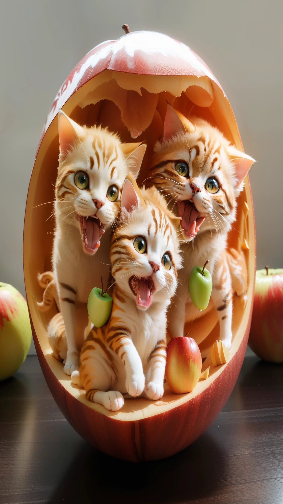 There are three cats in a carved apple, Realistic 3D art, highly detailed 3D art, author：Ikuo Hirayama, Hyper-realistic 3D sculpture, Very surreal, Lovely detailed artwork, Extremely detailed and lifelike, Realistic 3D artwork, hyperrealistic art, hyperrealistic illustration, very surreal, 3D art