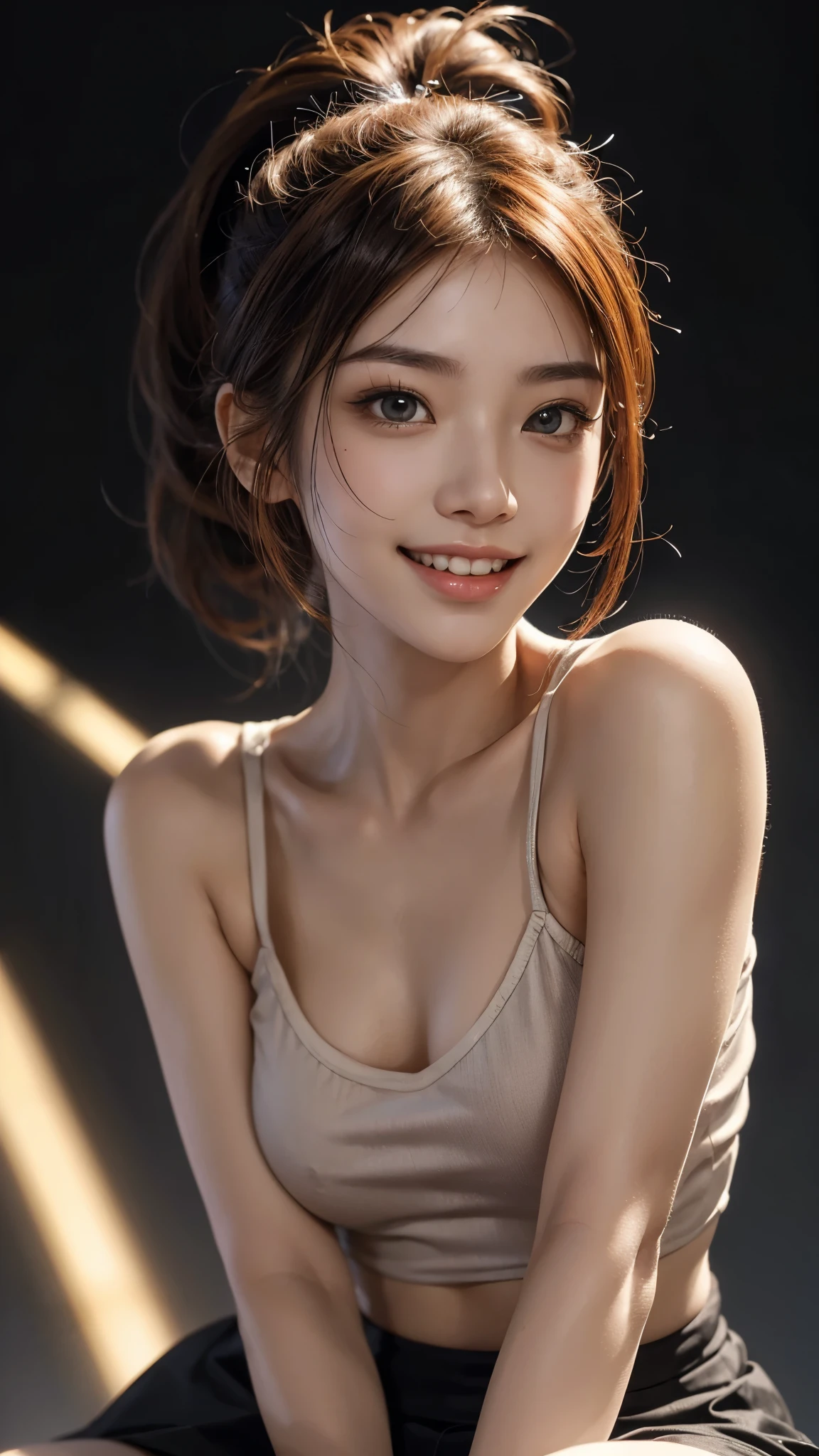 highest quality、8K、32k,toothy smile、((close:1.3)),cute japanese girl、1 girl、((ponytail))、profile、clear black eyes,sparkling eyes,Medium chest,beautiful feet,(slim body shape:1.2)、(lips) 、(orange hair)、double eyelid、shiny skin、realistic rays of light、big、beautiful face、(laughter:1.3),(from below:1.2)、(close:1.4),Bright terrace,Black Chibi T-shirt、blurred background、(Front Pin)、realistic、professional lighting、highly detailed face、award-winning、deep shadow、((Ultra-realistic raw photos)),fine eyes,lively eyes,thin hair,