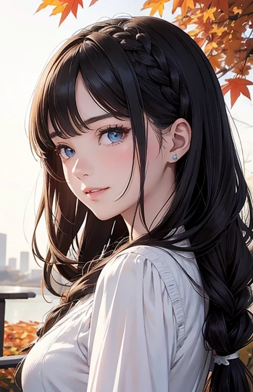 masterpiece、highest quality、High resolution、high quality images、8K, 1 female、skin luster、Texture of skin and clothing、Expression of fine eyes、shiny light brown hair,Girl with long braided hair, Manga inspired by Lee Jong-suk, trending on deviantart, realism, detailed manga style, manga art style, perfect line drawing, beautiful line drawing, digital manga art girl, K-POPアイドル, dress, beautiful blue eyes, plump lips, detailed gorgeous face, (cute smile), charm, innocent, Side view, (perfectly detailed face), (fine hands) photorealistic images, Depth of written boundary, Princess Hairstyles, autumn leaves, Tartan check dress,autumn leaves,美しいautumn leaves,romanticism,