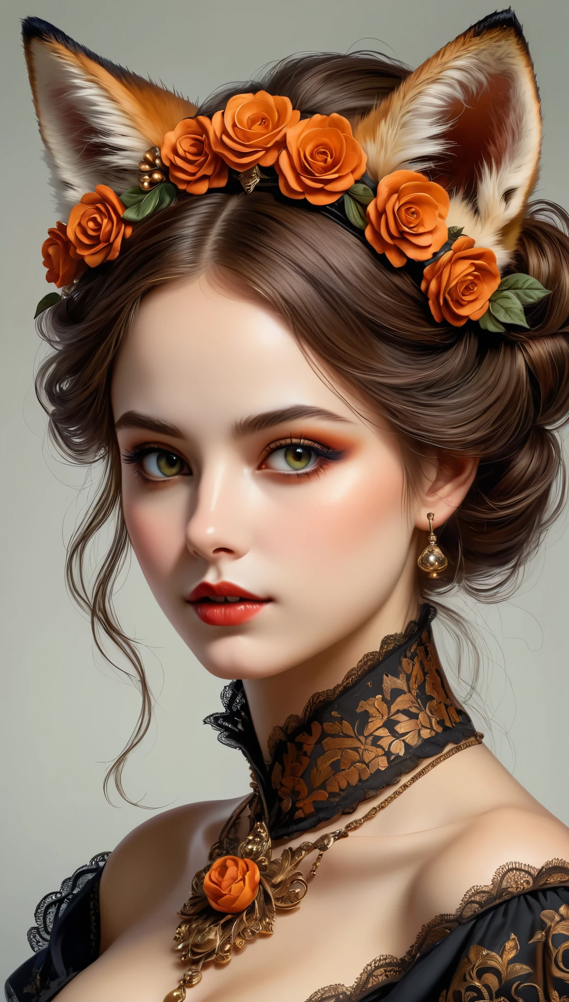 This exquisite, ultra-detailed high-resolution image (1.4), The Victorian fox girl from The Demon of Calavera is depicted with extraordinary artistic precision... Her face is a masterful combination of elegant features., every line and curve is carefully drawn, to revive her. Her charming eyes, big and expressive, Capture the viewer's attention with its intricate details and captivating charm. This official work of art serves as a testament to the artist's relentless pursuit of excellence.., inviting fans to get lost in its beauty.