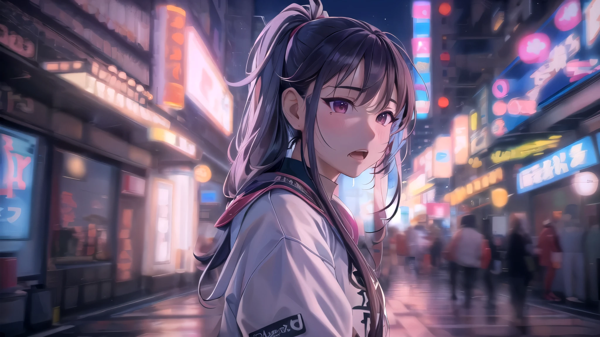 masterpiece, highest quality, Fu Tao V4, 1 girl, alone, blush, twin tails, long hair, hair between eyes, ((streetwear)), city, outdoor, night, movie poster, Highly detailed 8K, Smooth, High resolution, super high quality, cinematic lighting, ambient occlusion, hd, 2k, 4k, 8K, 16k, very detailed anime, detailed face, perfect composition, wide shot, atmosphere lighting, very sexy,  random waist angle, No correction, NSFW, No correction