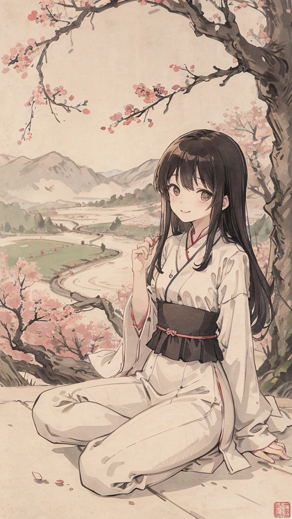 (1:1)Kitten next to a girl、field、Sitting in the steppe、the sky is clear、The wind is blowing,Cherry blossom trees,black hair,smile