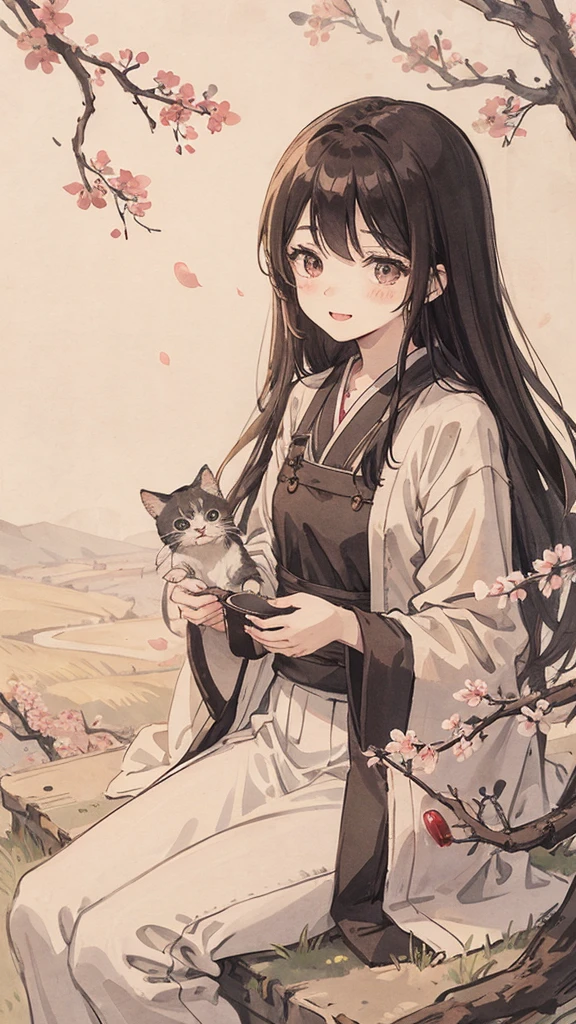 (1:1)Kitten next to a girl、field、Sitting in the steppe、the sky is clear、The wind is blowing,Cherry blossom trees,black hair,smile