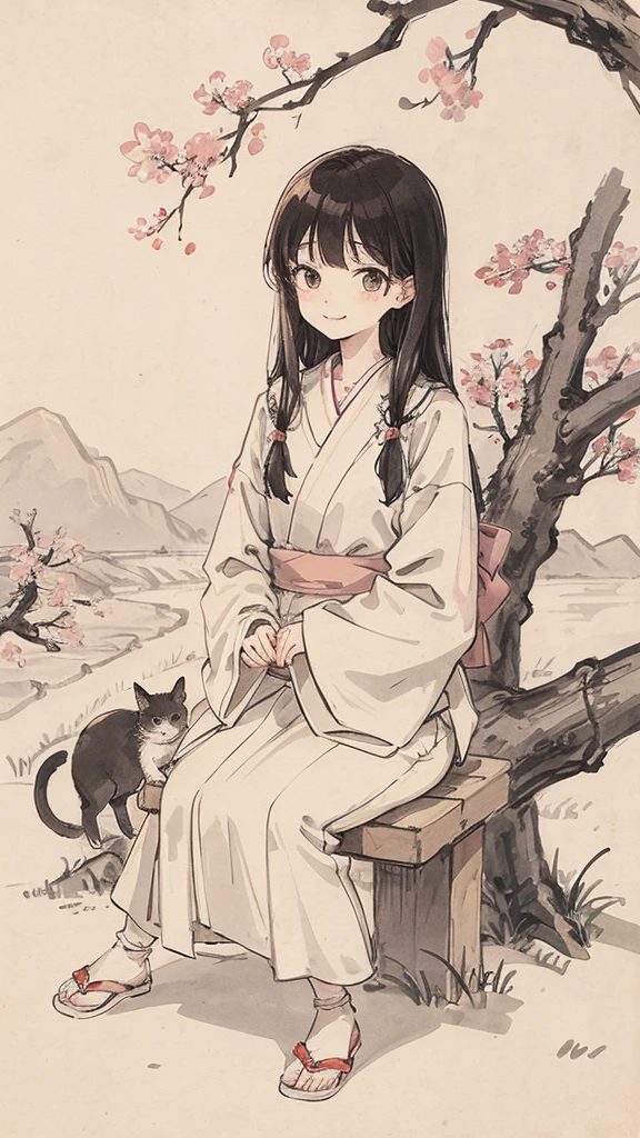 （1:1）Kitten next to a girl、field、Sitting in the steppe、the sky is clear、The wind is blowing,Cherry blossom trees,black hair,smile
