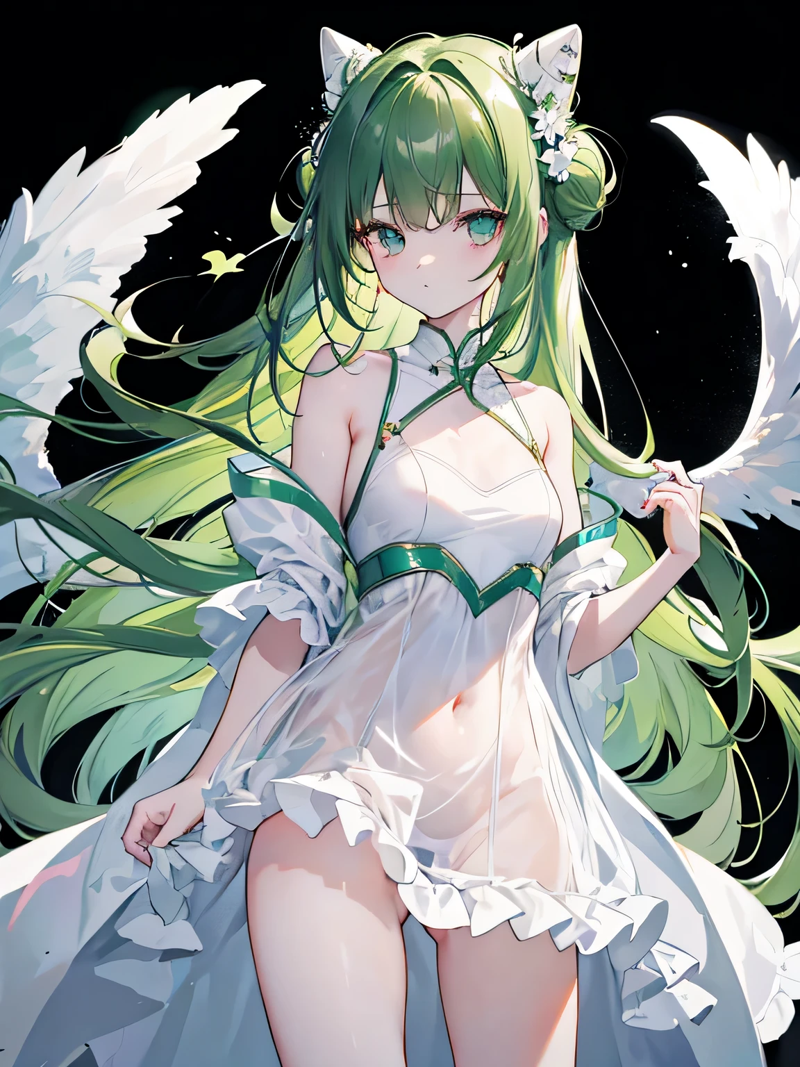 Dark green long hair,Two low bun hairstyle,Eye,Slanted chest-baring light and transparent silicon dress,medium height girl,White one-piece underwear,A white,There are mechanical light wings floating around,Thinking expression,Place one hand in front of your mouth