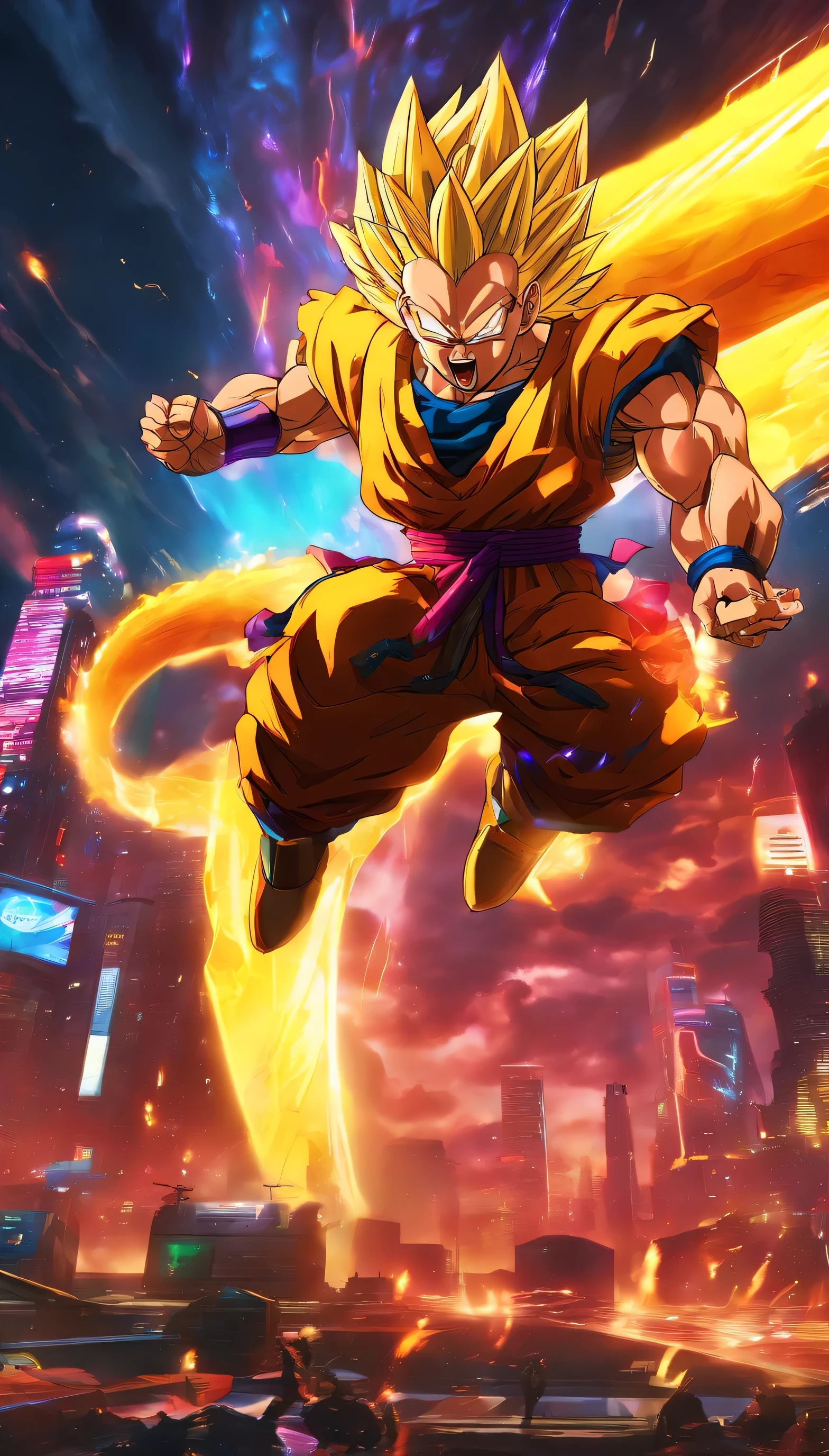 A Super Saiyan Gotenks surrounded by vibrant energy, flying in a battle scene with intense action. Whirling tornadoes of power, dazzling explosions, and radiant light beams fill the sky. The Super Saiyan's spikey hair and golden aura are highly detailed and beautifully animated. The energetic movements of the character are filled with dynamic poses, showcasing their immense strength and agility. The background is a vast landscape with crumbled mountains and a dramatic sky filled with clouds and lightning. The colors are vivid and striking, with a mix of fiery reds, electrifying blues, and vibrant yellows. The lighting is intense and dramatic, casting dynamic shadows on the ground and illuminating the character with a powerful glow. The artwork is in the style of a dynamic anime, capturing the essence of the Super Saiyan's power and intensity. The image quality is top-notch, with ultra-high-definition detail and a realistic, photorealistic feel. The artwork is a true masterpiece, with every element carefully crafted to create a visually stunning and captivating scene.