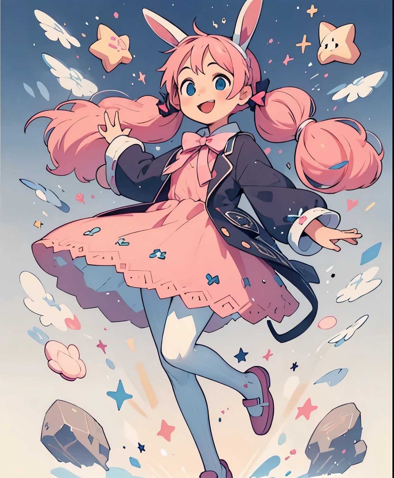 (masterpiece、highest quality、highest quality、official art、beautiful beautiful:1.2)、(1 girl:1.3)Hatsune Miku、twin tails,big breasts,1 girl, animal ears, pink hair, long hair, Rabbit, open your mouth, smile, Rabbit ears, bow, alone, white background, dress, pantyhose, wall, blue eyes, view viewer, :d, full body, simple background, nail polish, striped, holding, raised his arms, Say goodbye to hair accessories, hairstyle, long sleeve, plump sleeves, Watercolor shoes, shoes, 青いshoes, jump, animal, blush, argyle, star (symbol), has a cane, とてもlong hair, ribbon,