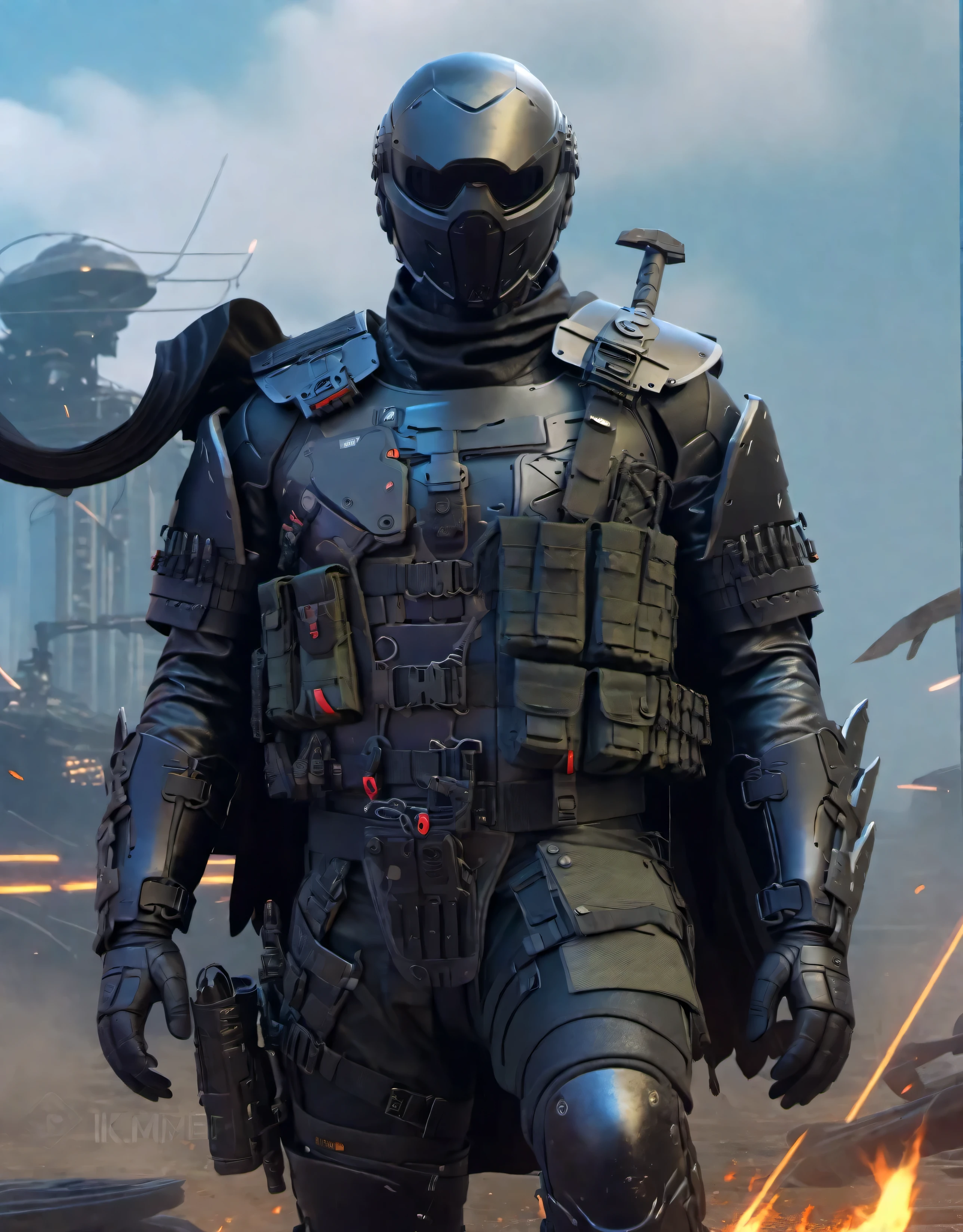 a man in a helmet dressed in tactical armor, With a black cape, three throwing knives holstered on his arm, Pistol holstered on his leg(Best quality, 4k, Masterpiece :1.3), Cyberpunk, Background, Sci-fi landscape