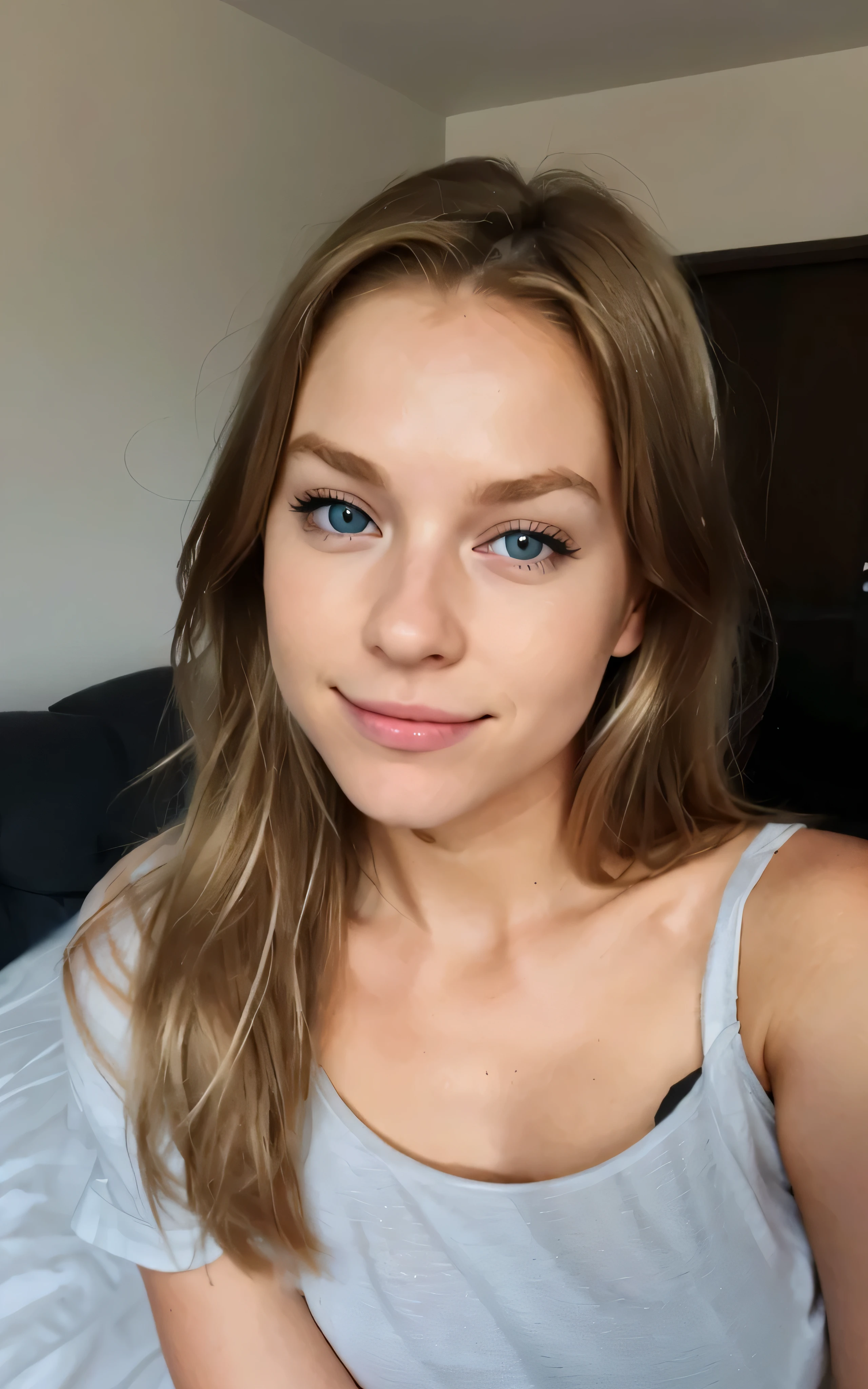 18 yo, beautiful italian girl, ((blonde)), dark blue eyes, standing, (((supermodel face))), no makeup, bedroom, (naked, busty), , ((thin pointy nose, thin face)),