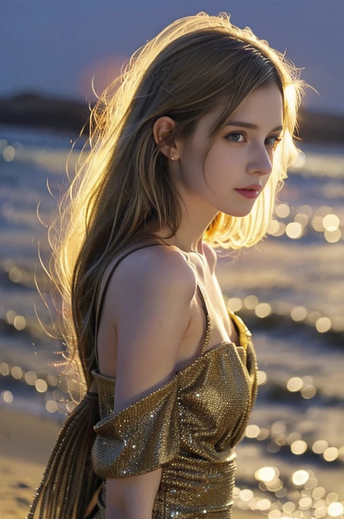 beautiful girl、Highest image quality、realistic、16K、beautif woman、long hair、slim、golden hair、blonde、Golden long dress、The wind messes up my hair、sandy beach at night、Full moon in the dark night sky、Standing on the beach、full moon night sky、A look asking for a kiss、Full body figure、panoramic、Taken from a distance