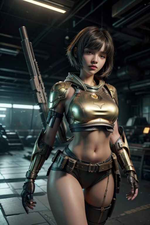 ((highest quality)), ((masterpiece)), (be familiar with:1.4), 3D,cyborg, Makima style girl、 Beautiful cyberpunk woman image, beautiful girl, 24-years-old, cute、(Makima-style short hair), sexy, strong, slim beauty, bikini, High leg、protector,Metallic Navy,(ultra color, paisley pattern)、HDR (high dynamic range),ray tracing,NVIDIA RTX,super resolution,unreal 5,Scattered beneath the surface,PBR texturing,Post-processing,anisotropic filtering,Depth of the bounds written,Maximum clarity and sharpness,multilayer texture,, I can see the buildings of the future、sexy戦いのポーズ、やわらかいsmile、bangs, ammunition belt, gloves,(beautiful middle breasts)、,firing,(stand on the ruins,Action of a woman holding a heavy sniper rifle in her hands)、smile