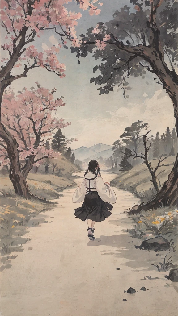 (1:1)girlの隣にいる子猫、field、Sitting in the steppe、the sky is clear、Windが吹いている,cherry blossoms並木,black hair,smile, highest quality, masterpiece, very detailed, detailed background, anime, girl1名, 若いgirl, girl, SF, cherry blossoms, outdoor, morning, greenhouse, giant structure, Wind景, scenery, horizon, walking down the street, Wind, look away, atmosphere lighting, focus only, close, From the side, Depth of written boundary,black hair,cute,beautiful