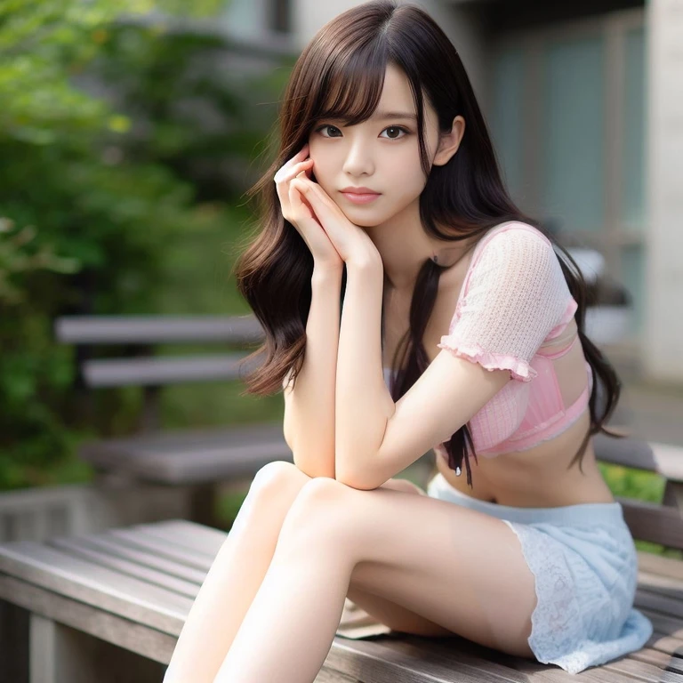 A woman in Arafe sitting on a bench with her hand on her chin, pretty face with arms and legs, cute young woman, Real young gravure idol, cute young woman, beautiful girl model, slim girl model photo, beautiful japanese girl face,, japanese model, beautiful japanese woman, young and cute girl、A see-through camisole、Pastel blue underwear、mini skirt