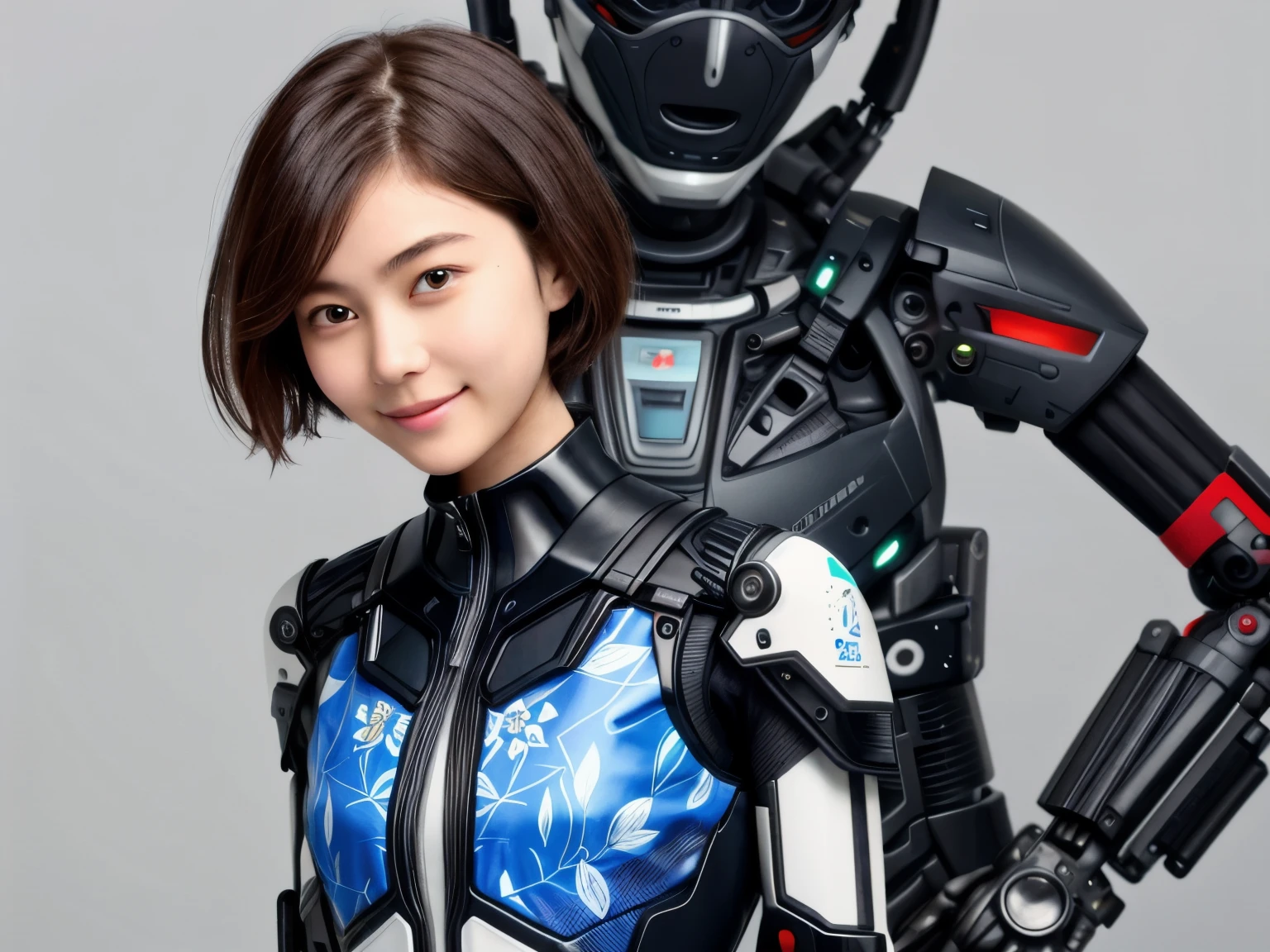 207 Short Hair, 20 year old female, Floral, gentle smile, futuristic clothes, mechanical suit