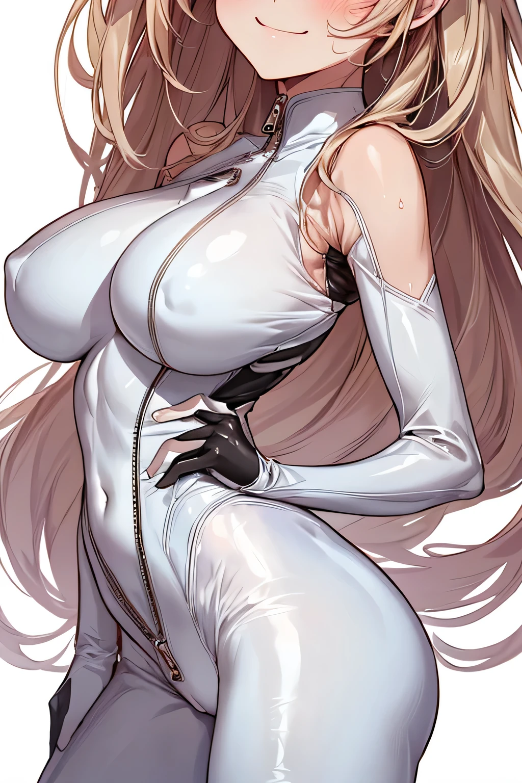 (highest quality:1.4)、High resolution、detailed background、(detailed beautiful face:1.4)、anatomically correct、detailed facial expressions、beautiful and smooth skin、beautiful age girl、(huge breasts:1.4)、cute hair color、braided long、realistic、perfect body line、attractive ass、
White thin rubber suit、Zipper fully open and chest flapping、No sleeve、emphasize cleavage、emphasize the nipples、cowboy shot、
A low-angle close-up that emphasizes the lower body、Super close-up shot from directly below、Sexy high leg、Super-detailed rubber suit、show your armpits、Clothes get wet and become transparent、My clothes are wet and transparent、camel toe、Looking at me with a big smile、cute