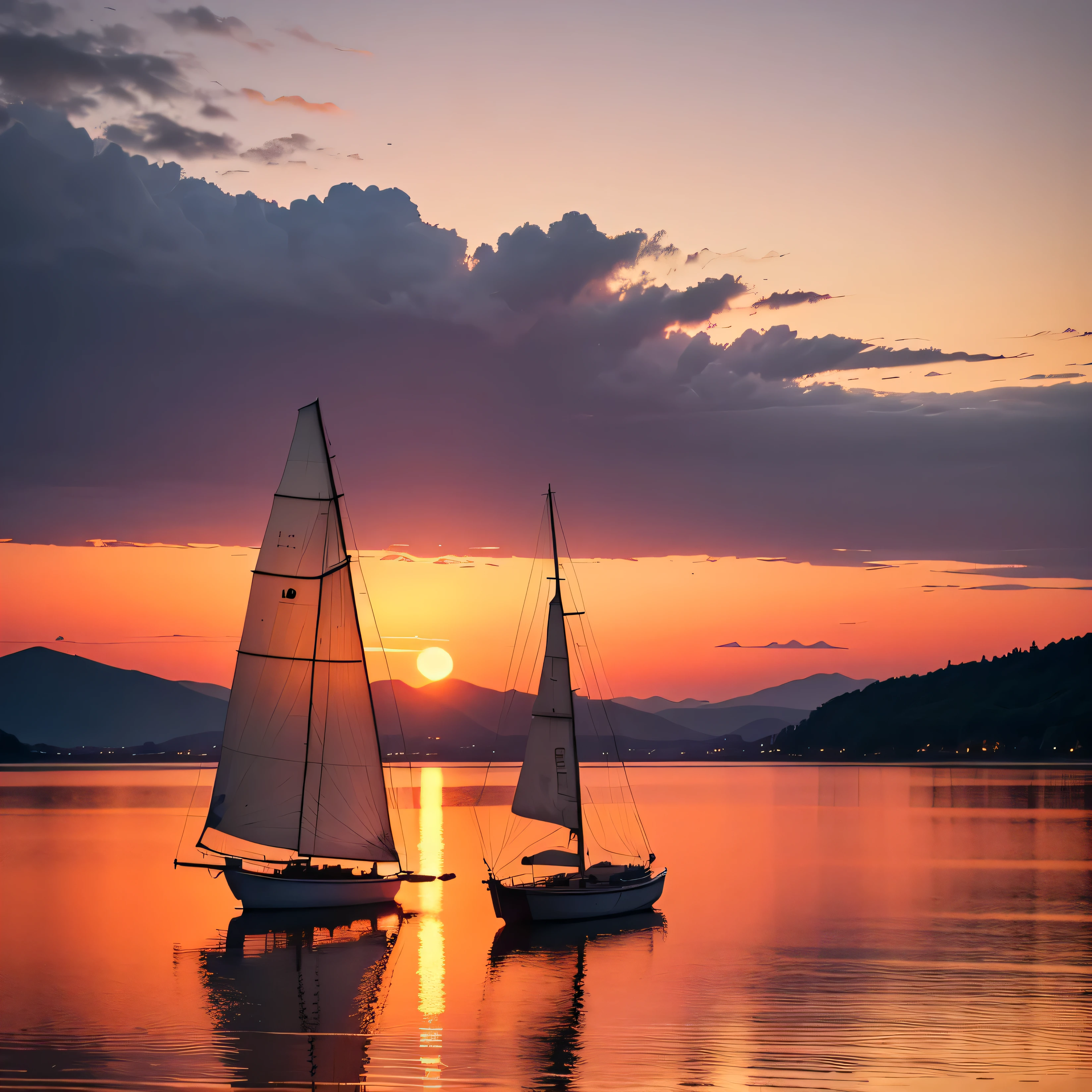 Imagine a serene sunset over a tranquil lake, with a lone sailboat gliding peacefully on the water. The sky is painted with shades of orange, rosa, e roxo, creating a breathtaking atmosphere. Capture a beleza e a serenidade desta cena. 3000x3000 pixels