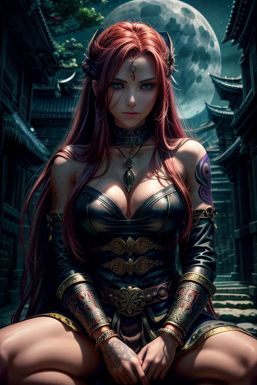 an arcane warrior girl sitting above a temple, long red hair laid down on her back, Emarald green eyes, tattoos at arms glowing softly, bracelets, necklace, traditional outfit with sleek, black leather armor with glowing runes and vibrant purple, ancient temple, moon, enchanted forest, arcane runes, mystery, danger, fantasy, adventure, masterpiece, detailed