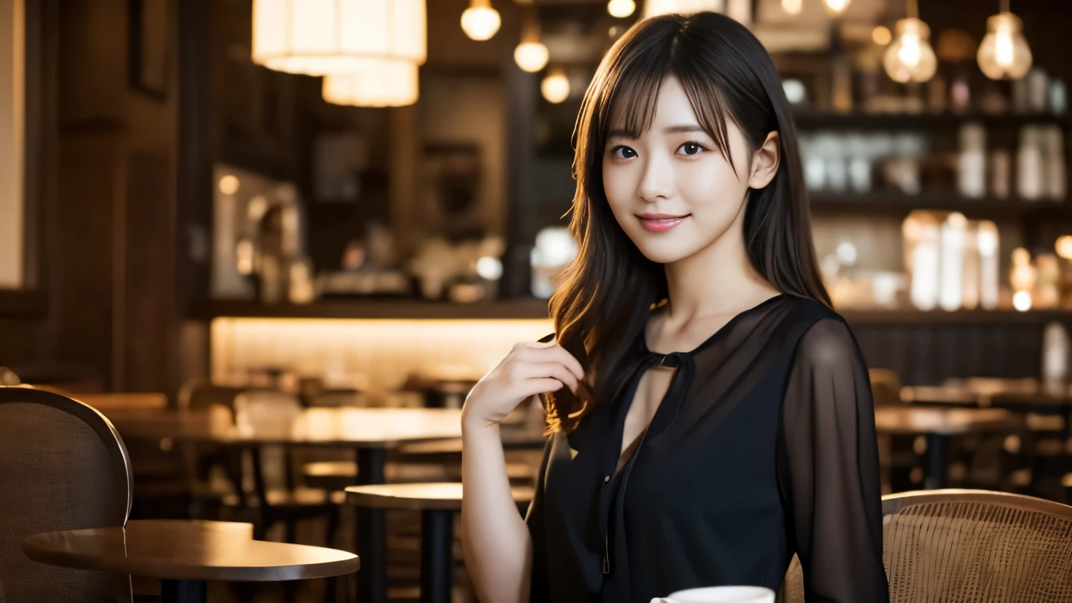 1 girl, (Wearing a black blouse:1.2), beautiful japanese actress,
(Raw photo, highest quality), (realistic, Photoreal:1.4), masterpiece,
very delicate and beautiful, very detailed, 2k wallpaper, wonderful,
finely, very detailed CG Unity 8K 壁紙, Super detailed, High resolution,
soft light, beautiful detailed girl, very detailed目と顔, beautifully detailed nose, beautiful and detailed eyes, cinematic lighting,
break
(With a stylish cafe interior as the background 1.3), Lights in the cafe,
perfect anatomy, slender body, smile, Face the front completely, look at the camera