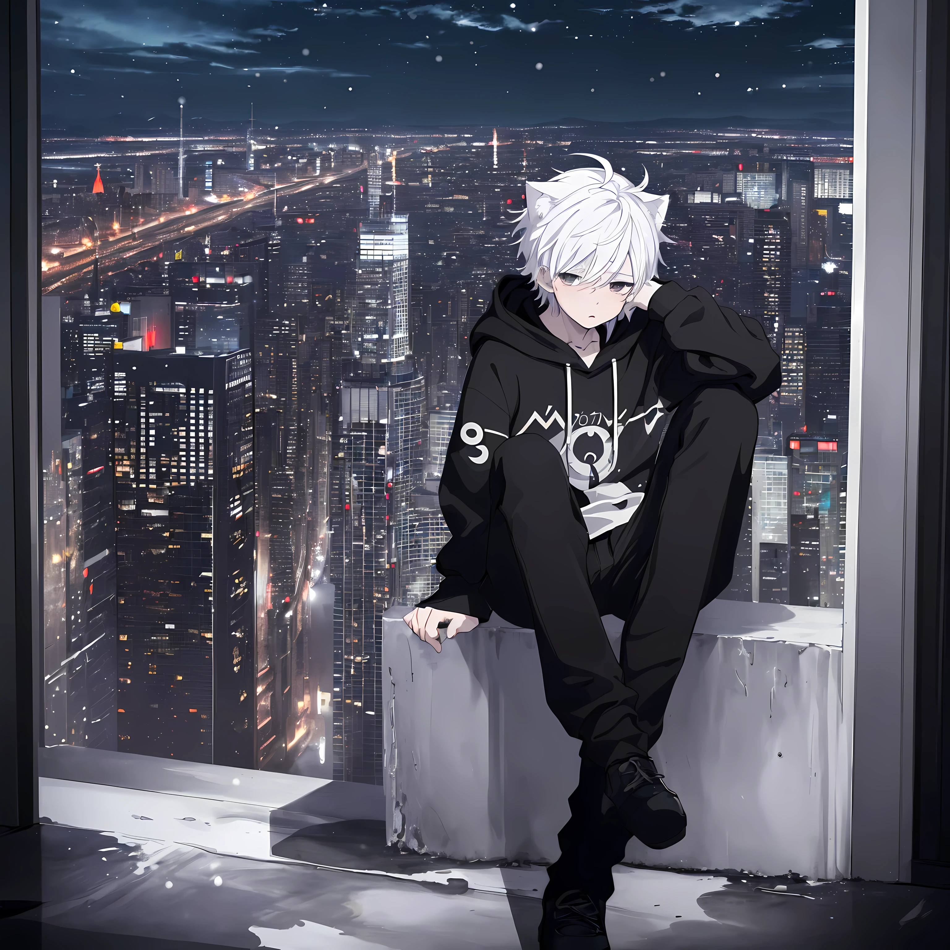 (((Official Art, Masterpiece, HD Quality, High Resolution, 4K Quality))),1boy, White Hair With A Cat Ear,Black Eyes, Exhausted, dark Under eyes, White Hoodie, Black Pants, Sitting Edge Of Building, Watching City From Above, Smoking, Night Time, Snowing