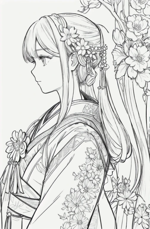 masterpiece, acura, 1 girl, alone, Hanfu, long hair, close-up of profile, flower line drawing background, white background, monochrome, line drawing, ((sketch))