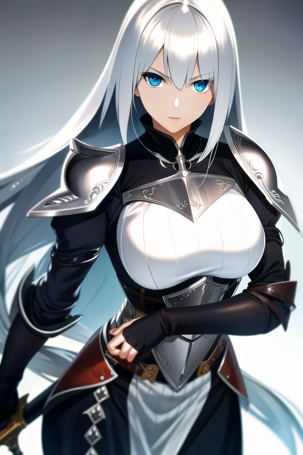 Girl with long silver hair，beautiful women，Close-up of the face，Holding a silver knight sword