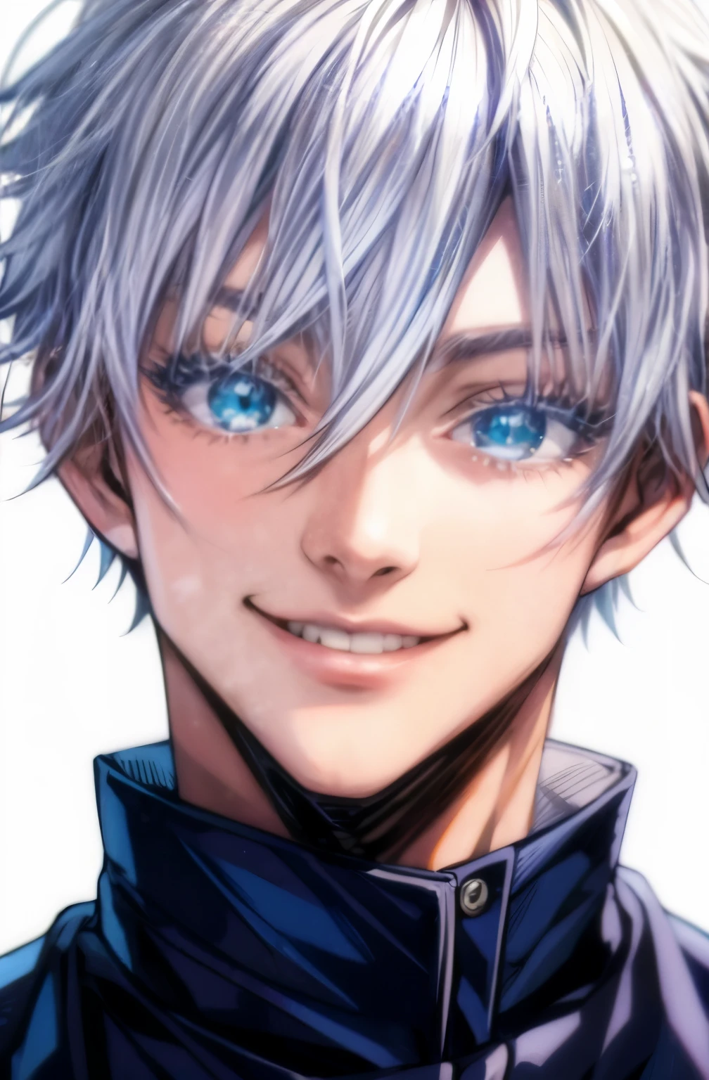(Masterpiece, Top Quality: 1.2, 8K, UHD), (((satoru gojo, white hair, blue eyes, white eyelashes, white skin))), 1boy, simple background, smile, Black jacket, portrait
