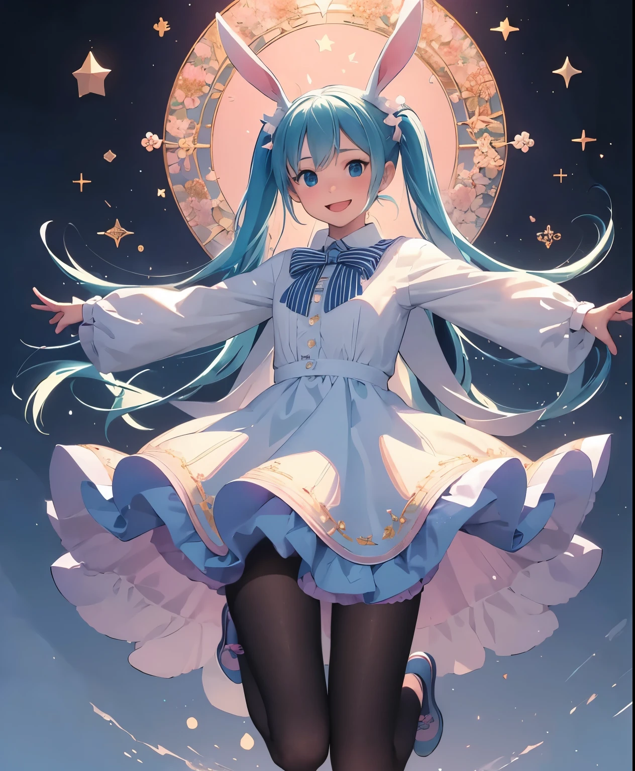 (masterpiece、highest quality、highest quality、official art、beautiful beautiful:1.2)、(1 girl:1.3)Hatsune Miku、twin tails,big breasts,1 girl, animal ears, pink hair, long hair, Rabbit, open your mouth, smile, Rabbit ears, bow, alone, white background, dress, pantyhose, wall, blue eyes, view viewer, :d, full body, simple background, nail polish, striped, holding, raised his arms, Say goodbye to hair accessories, hairstyle, long sleeve, plump sleeves, Watercolor shoes, shoes, 青いshoes, jump, animal, blush, argyle, star (symbol), has a cane, とてもlong hair, ribbon,