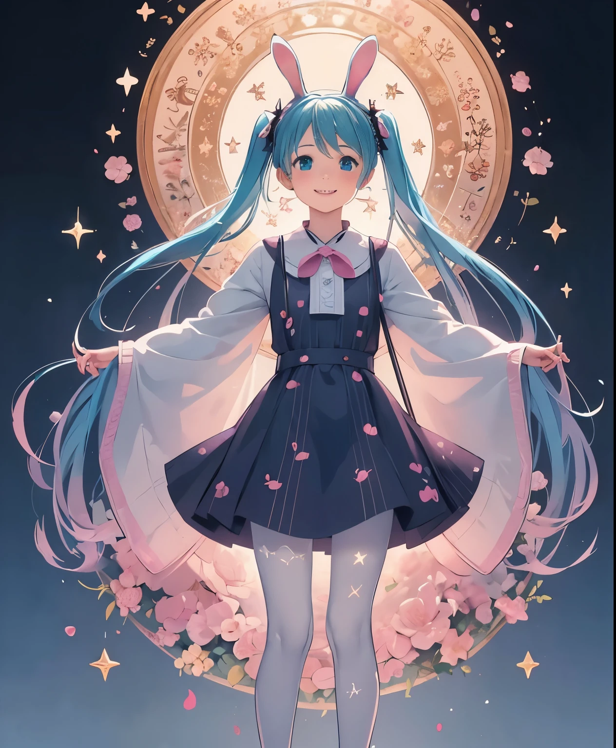 (masterpiece、highest quality、highest quality、official art、beautiful beautiful:1.2)、(1 girl:1.3)Hatsune Miku、twin tails,big breasts,1 girl, animal ears, pink hair, long hair, Rabbit, open your mouth, smile, Rabbit ears, bow, alone, white background, dress, pantyhose, wall, blue eyes, view viewer, :d, full body, simple background, nail polish, striped, holding, raised his arms, Say goodbye to hair accessories, hairstyle, long sleeve, plump sleeves, Watercolor shoes, shoes, 青いshoes, jump, animal, blush, argyle, star (symbol), has a cane, とてもlong hair, ribbon,