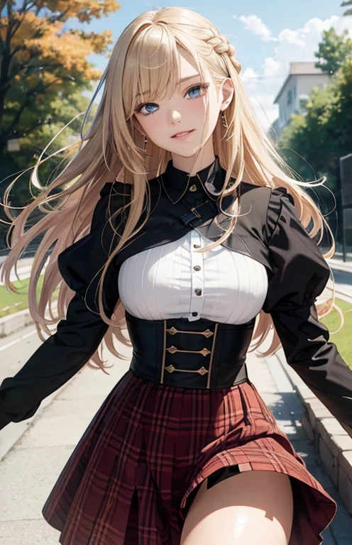 masterpiece、highest quality、High resolution、high quality images、8K, 1 female、skin luster、Texture of skin and clothing、Expression of fine eyes、Shiny light golden hair,Girl with long braided hair, Manga inspired by Lee Jong-suk, trending on deviantart, realism, detailed manga style, manga art style, perfect line drawing, beautiful line drawing, digital manga art girl, K-POPアイドル, dress, beautiful blue eyes, plump lips, detailed gorgeous face, (cute smile), charm, innocent, Side view, (perfectly detailed face), (fine hands) photorealistic images, Depth of written boundary, Princess Hairstyles, autumn leaves, Tartan check dress,autumn leaves，美しいautumn leaves，romanticism,