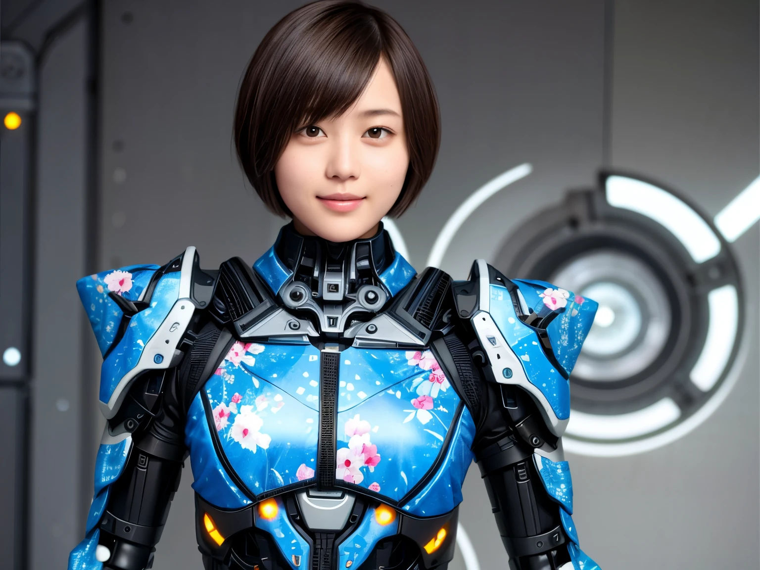 207 Short Hair, 20 year old female, Floral, gentle smile, futuristic clothes, mechanical suit