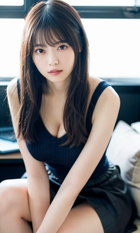 masterpiece、highest quality、16K、soft light、professional lighting、Pale shading、Weak contrast、Japanese、beautiful girl、daytime office、Window seat、sitting in front of the computer、White loose cashmere sweater、navy pleated skirt、smooth and beautiful thighs、(big breasts:1.3)、Faint cleavage、fine and beautiful eyes、cute hanging eyes、gentle smile、(Thin, straight, long hair、high ponytail),(The bangs are see-through bangs)、