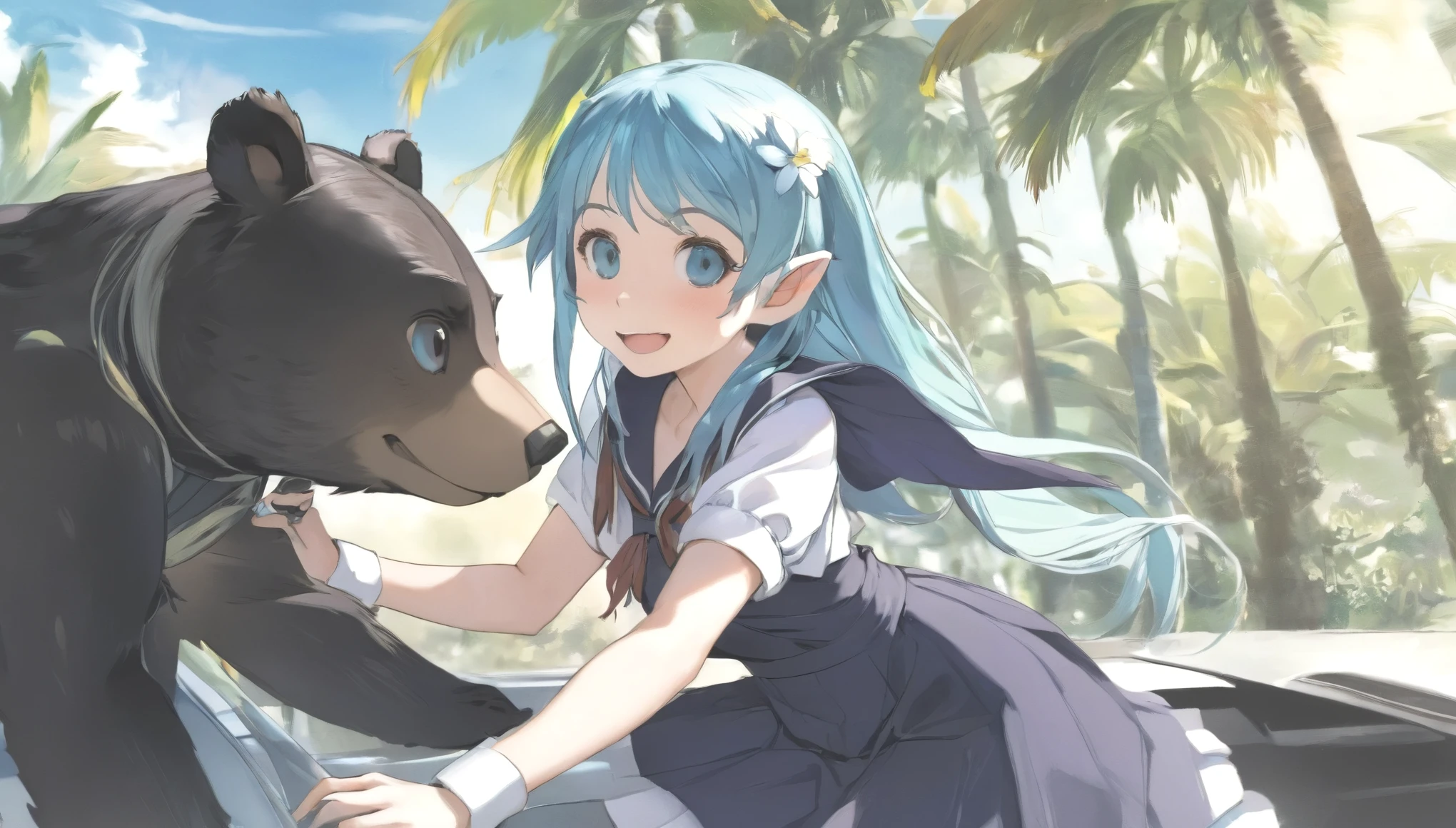  (masterpiece, best quality), 1 elven girl, ( bear breasts, thigh),  (light blue hair, twin tails ,very long hair is fluttering in the wind), hair between eyes, multi colored hair,hair flower ornament ,(blush, smile, aqua eyes), open mouth, maid uniform,    
 (undone clothing),  (Open the front of the maid uniform chest very wide), large breasts, pointed ears, ((look from the side ,profile)),  (Cruising the highway in a car ) , (color of the car is white), ( the car has 2 seats), (seating in the left seat in the car),  Palm trees line the shoreline 