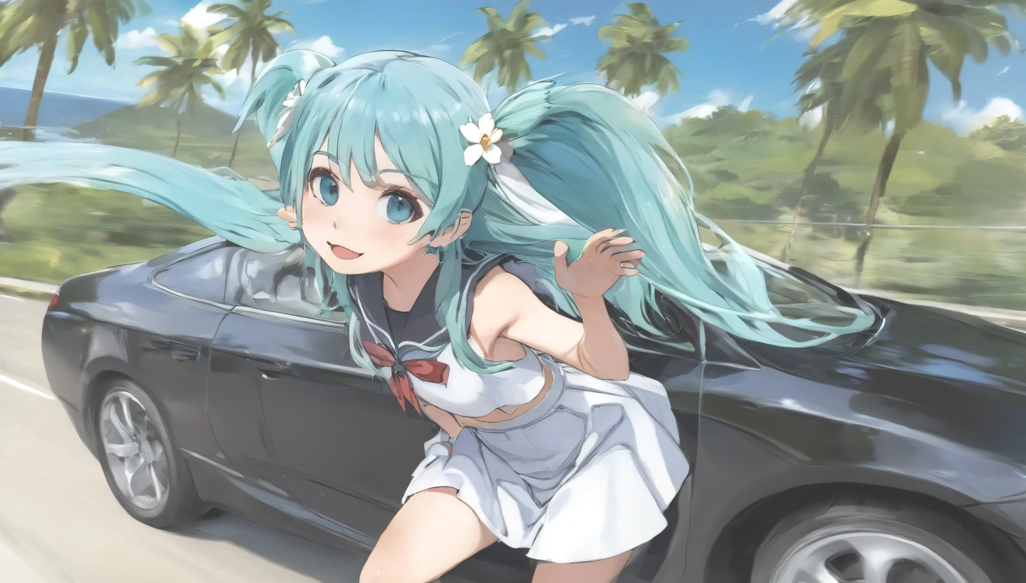  (masterpiece, best quality), 1 elven girl, ( bear breasts, thigh),  (light blue hair, twin tails ,very long hair is fluttering in the wind), hair between eyes, multi colored hair,hair flower ornament ,(blush, smile, aqua eyes), open mouth, maid uniform,    
 (undone clothing),  (Open the front of the maid uniform chest very wide), large breasts, pointed ears, ((look from the side ,profile)),  (Cruising the highway in a car ) , (color of the car is white), ( the car has 2 seats), (seating in the left seat in the car),  Palm trees line the shoreline 