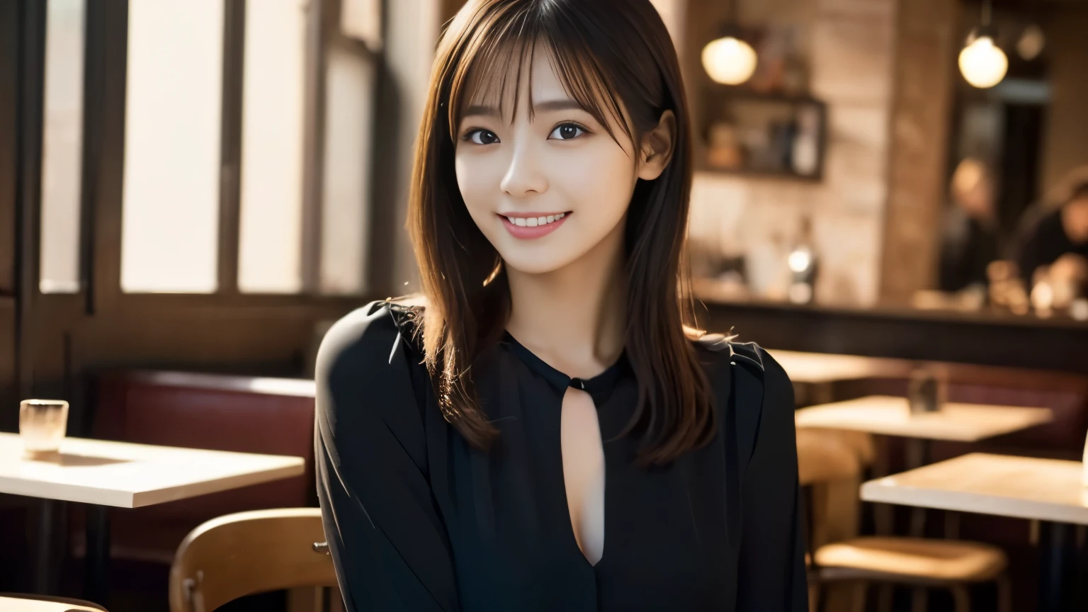 1 girl, (Wearing a black blouse:1.2), beautiful japanese actress,
(Raw photo, highest quality), (realistic, Photoreal:1.4), masterpiece, 
very delicate and beautiful, very detailed, 2k wallpaper, wonderful, 
finely, very detailed CG Unity 8K 壁紙, Super detailed, High resolution, 
soft light, beautiful detailed girl, very detailed目と顔, beautifully detailed nose, beautiful and detailed eyes, cinematic lighting, 
break
(With a stylish cafe interior as the background 1.3), Lights in the cafe, 
perfect anatomy, slender body, smile, Face the front completely, look at the camera
