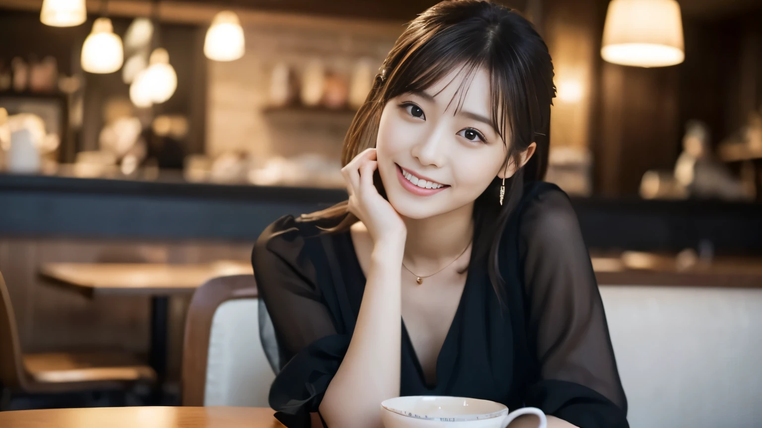 1 girl, (Wearing a black blouse:1.2), beautiful japanese actress,
(Raw photo, highest quality), (realistic, Photoreal:1.4), masterpiece,
very delicate and beautiful, very detailed, 2k wallpaper, wonderful,
finely, very detailed CG Unity 8K 壁紙, Super detailed, High resolution,
soft light, beautiful detailed girl, very detailed目と顔, beautifully detailed nose, beautiful and detailed eyes, cinematic lighting,
break
(With a stylish cafe interior as the background 1.3), Lights in the cafe,
perfect anatomy, slender body, smile, Face the front completely, look at the camera