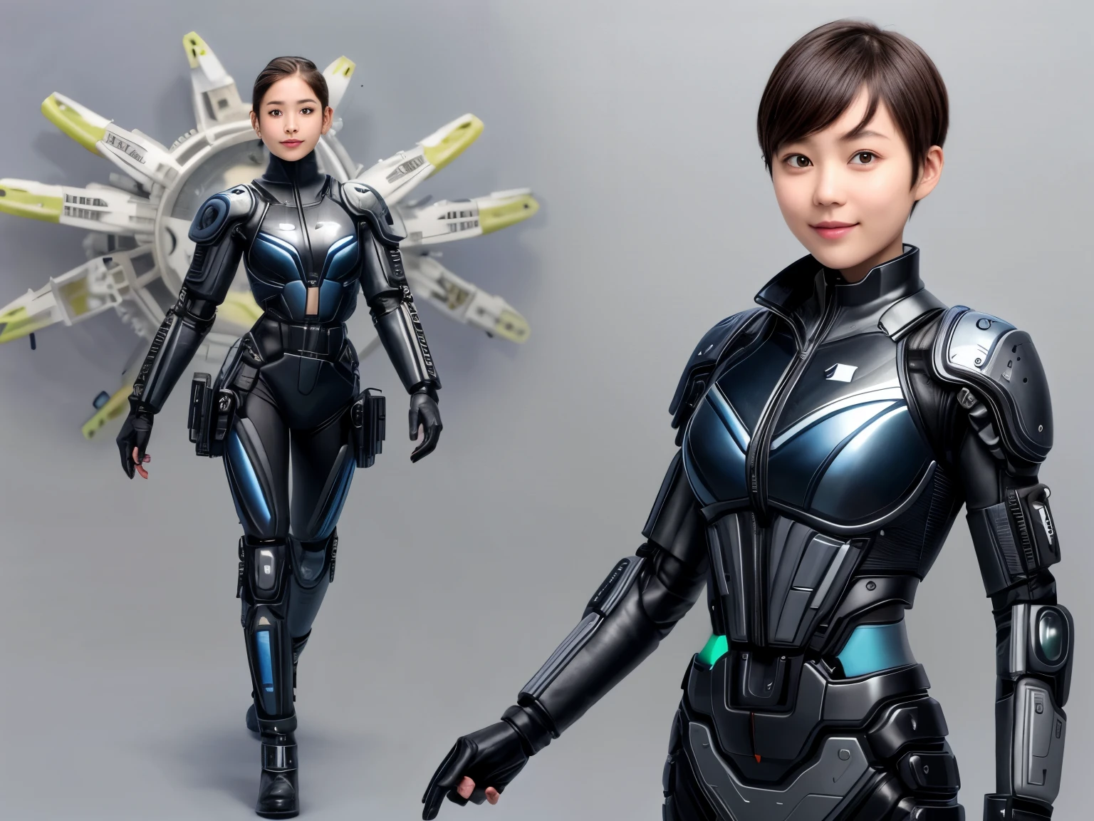 207 Short Hair, 20 year old female, Floral, gentle smile, futuristic clothes, mechanical suit