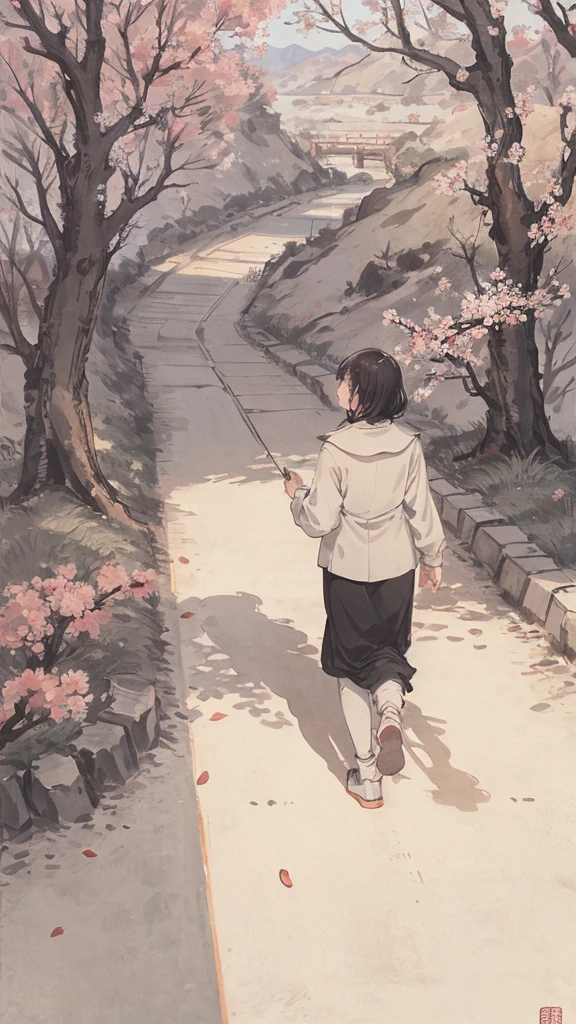 highest quality, masterpiece, very detailed, detailed background, anime, girl1名, girl, SF, cherry blossoms, outdoor, morning, greenhouse, giant structure, Wind景, scenery, horizon, walking down the street, Wind, look away, atmosphere lighting, focus only, close, From the side, Depth of written boundary,black hair,cute,beautiful
