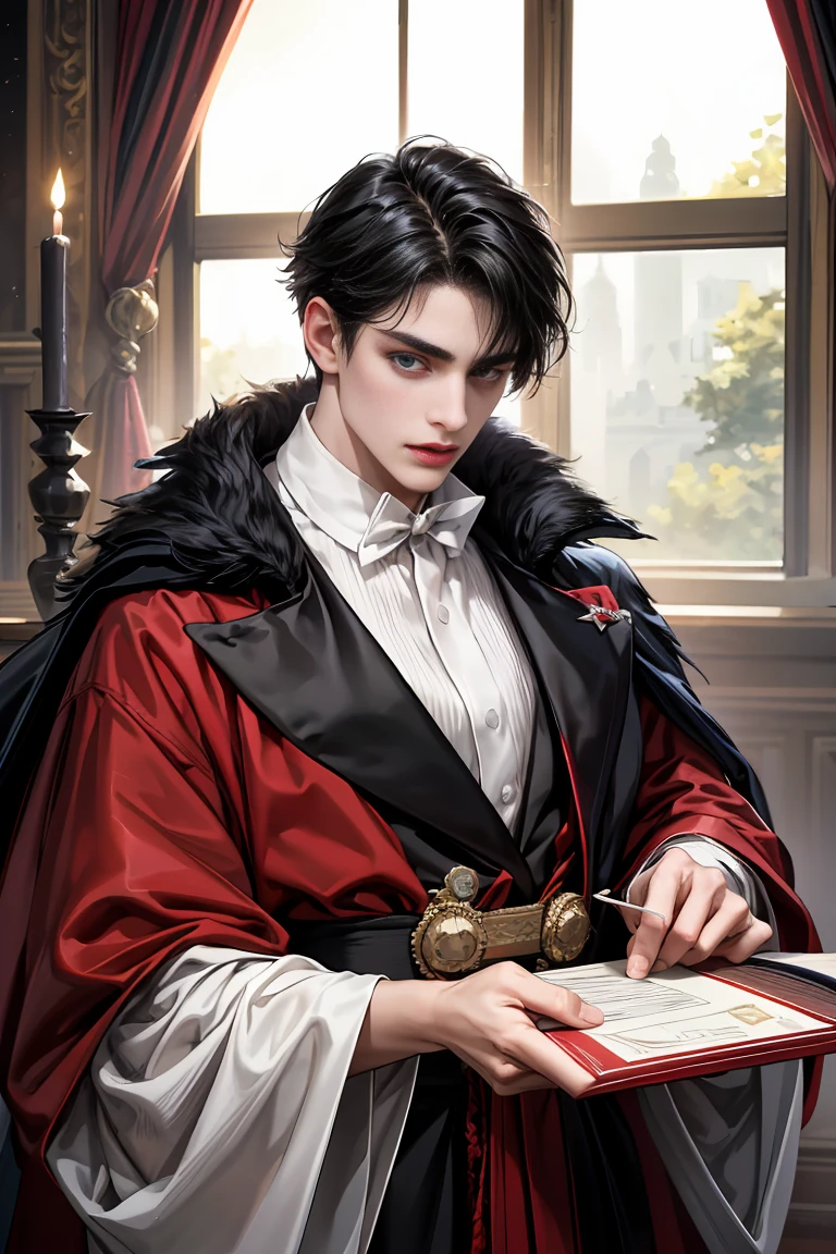 masterpiece, 最high quality, high quality, 1 boy, alone, male focus, looking at the viewer, whole body, Winning spirit_destiny, Messy black hair, blue adorable big eyes, white people, Noble, Noble, black Jack、A very big, very big, very big, very long, long red and black cape made with a lot of fabric that reaches all the way down to the floor, 17 years old,cute beautiful boy,cute cute handsome boy