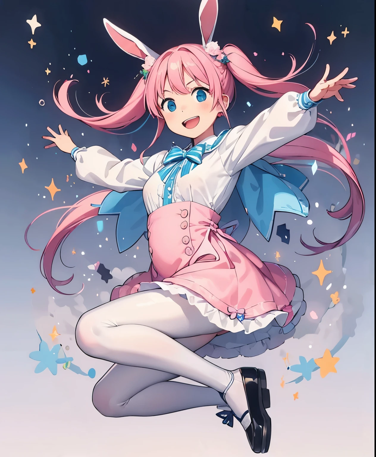 (masterpiece、highest quality、highest quality、official art、beautiful beautiful:1.2)、(1 girl:1.3)Hatsune Miku、twin tails,big breasts,1 girl, animal ears, pink hair, long hair, Rabbit, open your mouth, smile, Rabbit ears, bow, alone, white background, dress, pantyhose, wall, blue eyes, view viewer, :d, full body, simple background, nail polish, striped, holding, raised his arms, Say goodbye to hair accessories, hairstyle, long sleeve, plump sleeves, Watercolor shoes, shoes, 青いshoes, jump, animal, blush, argyle, star (symbol), has a cane, とてもlong hair, ribbon,