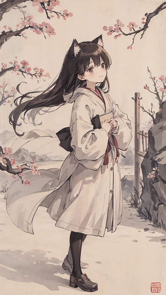 （1:1）girlの隣にいる子猫、field、Sitting in the steppe、the sky is clear、Windが吹いている,cherry blossoms並木,black hair,smile, highest quality, masterpiece, very detailed, detailed background, anime, girl1名, girl, SF, cherry blossoms, outdoor, morning, greenhouse, giant structure, Wind景, scenery, horizon, walking down the street, Wind, look away, atmosphere lighting, focus only, close, From the side, Depth of written boundary,black hair,cute,beautiful