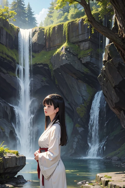 1lady solo, (standing under waterfall), (facing down), kimono (pure white robe:1.1), mature female, /(black hair/) (straight hair) bangs, blush (eyes lightly closed:1.1), (masterpiece best quality:1.2) delicate illustration ultra-detailed, large breasts BREAK (waterfall) outdoors, sacred spot, splash, mossy rocks, ancient tree, (waterfall sparkle in the sunlight), detailed background