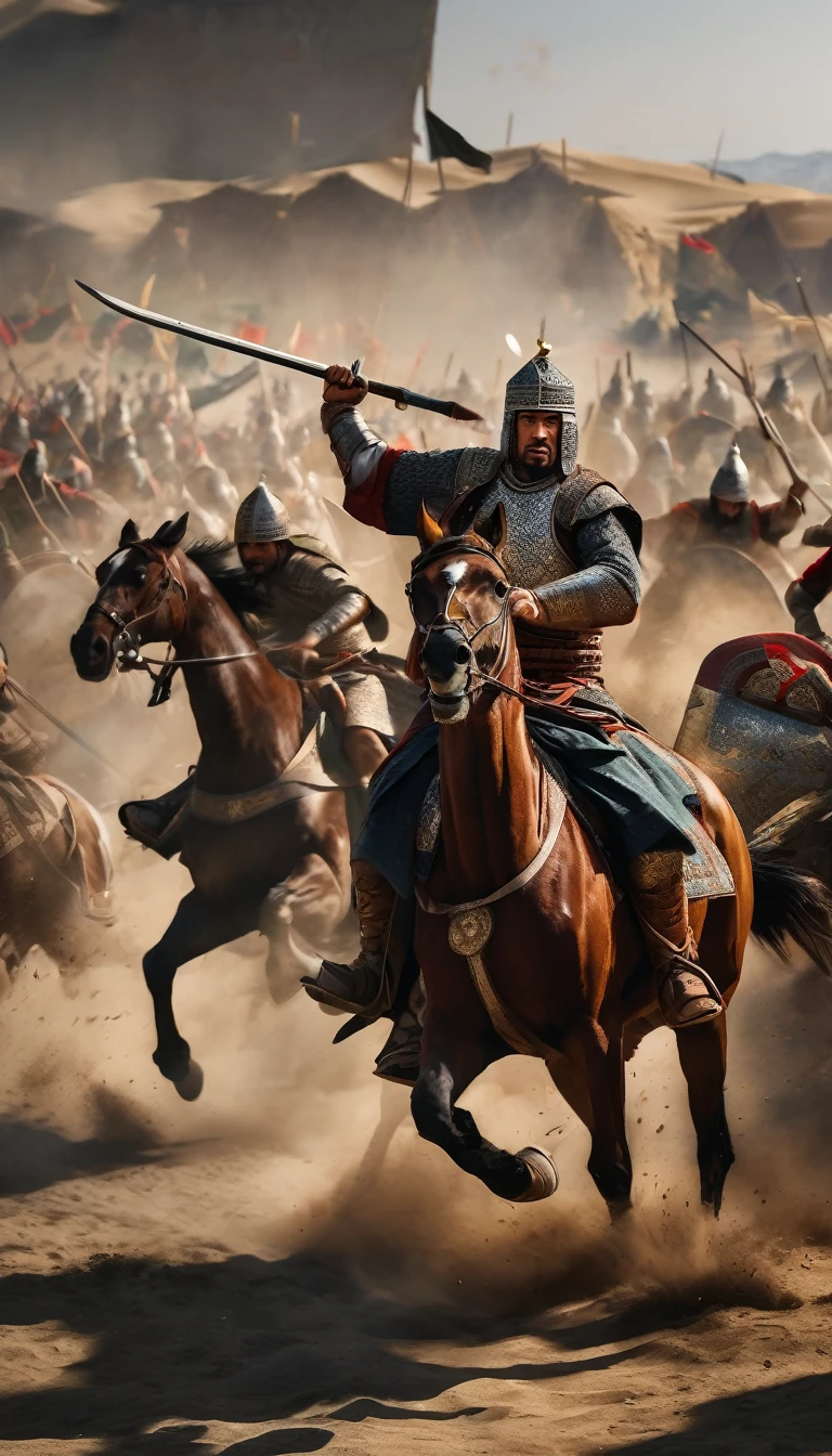 Tension and determination fill the air as both sides clash in a chaotic melee, with shouts and battle cries echoing across the battlefield. The Mamluks fight fiercely to defend their homeland, while the Mongols, known for their brutality, are determined to conquer, background dark, hyper realistic, ultra detailed hyper realistic, photorealistic, Studio Lighting, reflections, dynamic pose, Cinematic, Color Grading, Photography, Shot on 50mm lens, Ultra-Wide Angle, Depth of Field, hyper-detailed, beautifully color, 8k, (best quality,4k,highres,masterpiece:1.2),ultra-detailed,(realistic,photorealistic:1.37)
