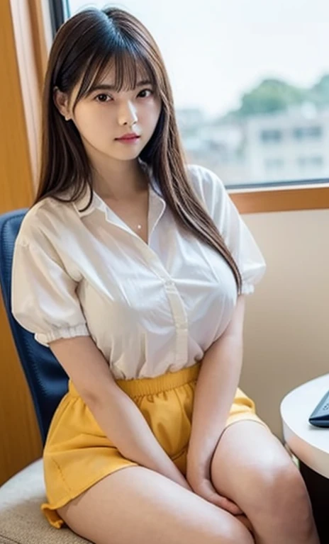 masterpiece、highest quality、16K、soft light、professional lighting、Pale shading、Weak contrast、Japanese、beautiful girl、daytime office、Window seat、sitting in front of the computer、White loose see-through blouse、Bra shows through、navy pleated skirt、smooth and beautiful thighs、(big breasts:1.3)、Faint cleavage、fine and beautiful eyes、cute hanging eyes、gentle smile、(Thin, straight, long hair、high ponytail),(The bangs are see-through bangs)、