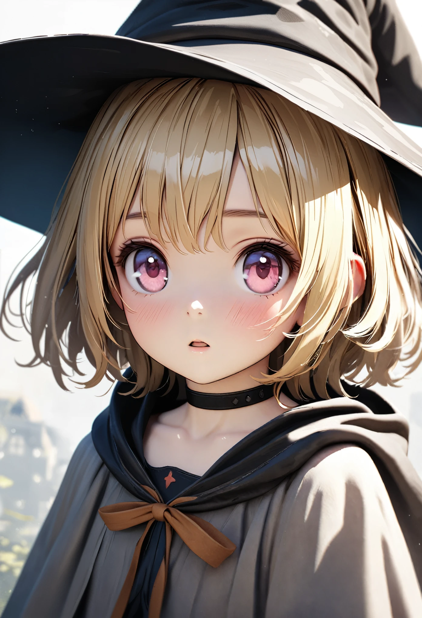 masterpiece, high quality, super detailed, high definition, high resolution, HDR, 4k, 8K, unity 8k wallpaper, super detailed CG, masterpiece, photorealistic, 2D, 3D, beautiful details, depth, fine texture, super Details: 1.3, Full concentration, Crispy skin, .He, A very cute anime girl of about , a girl of about 3 years old a wizard, baggy clothes, baggy magic hat, blond hair. short hair wearing tall, one girl, about three years old, alone, short blonde hair, wizard costume, mole under the eye, looking at the viewer, tall, blushing, mole, parted lips, hair ornament , he art, pink eyes, choker