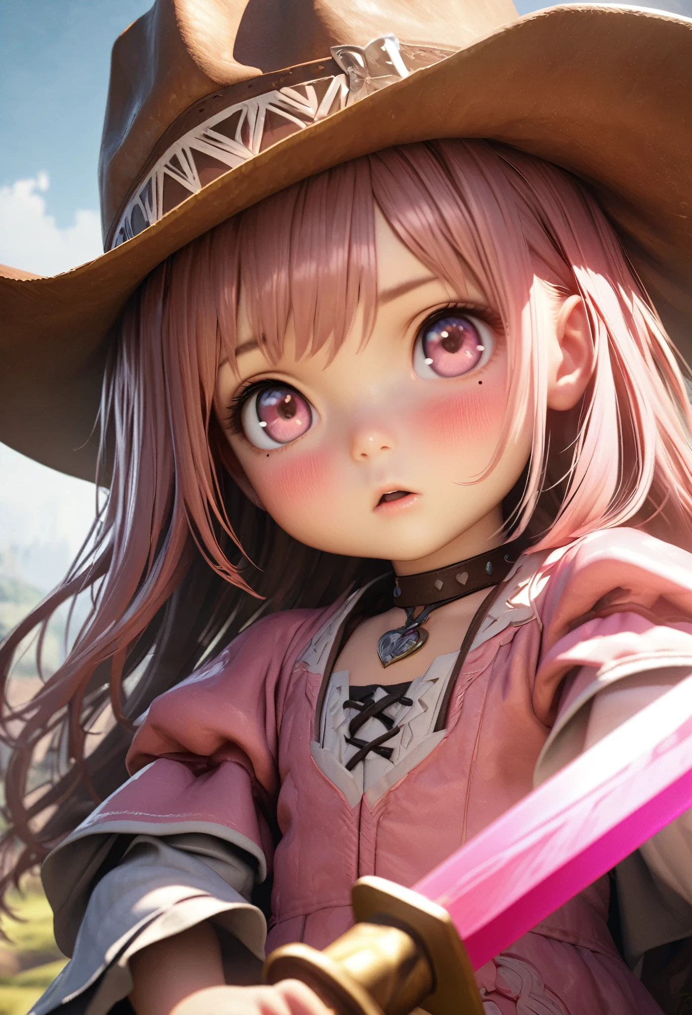 Masterpiece, Best Quality, Super Detailed, High Definition, Expensive Resolution, HDR, 4k, 8K, Unity 8k Wallpaper, Super Detailed CG, Masterpiece, Realistic, 2D, 3D, Beautiful Details, Depth, Fine Texture, Super Fine: 1.3, Complete concentration, crispy skin, him, very cute anime girl, about 3 years old, wearing cowboy style costume, large cowboy hat, baggy cowboy hat, cowboy boots technique Wilderness, duel, long sword, expensive pink One girl, about 3 years old, single, pink semi-long hair, cowboy style, cowboy hat, toy long sword, duel, cowboy boots under the eyes, gaze, expensive, blush, mole, parted lips, Hair ornament, heart, pink eyes, choker